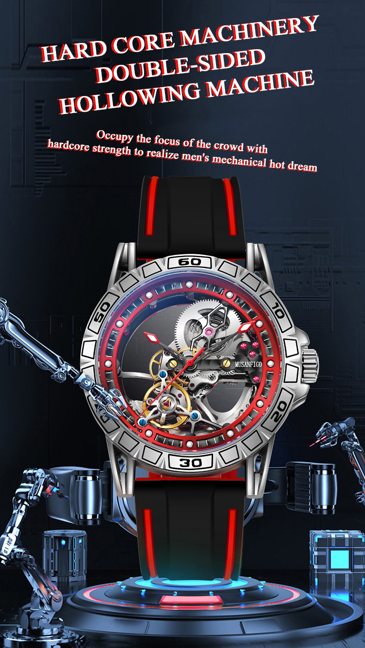 MUSANFIGO Men's Hollow out Fully Automatic Mechanical Watch Original Genuine Men's Famous Watch Night Glow Fashion Gift Watch