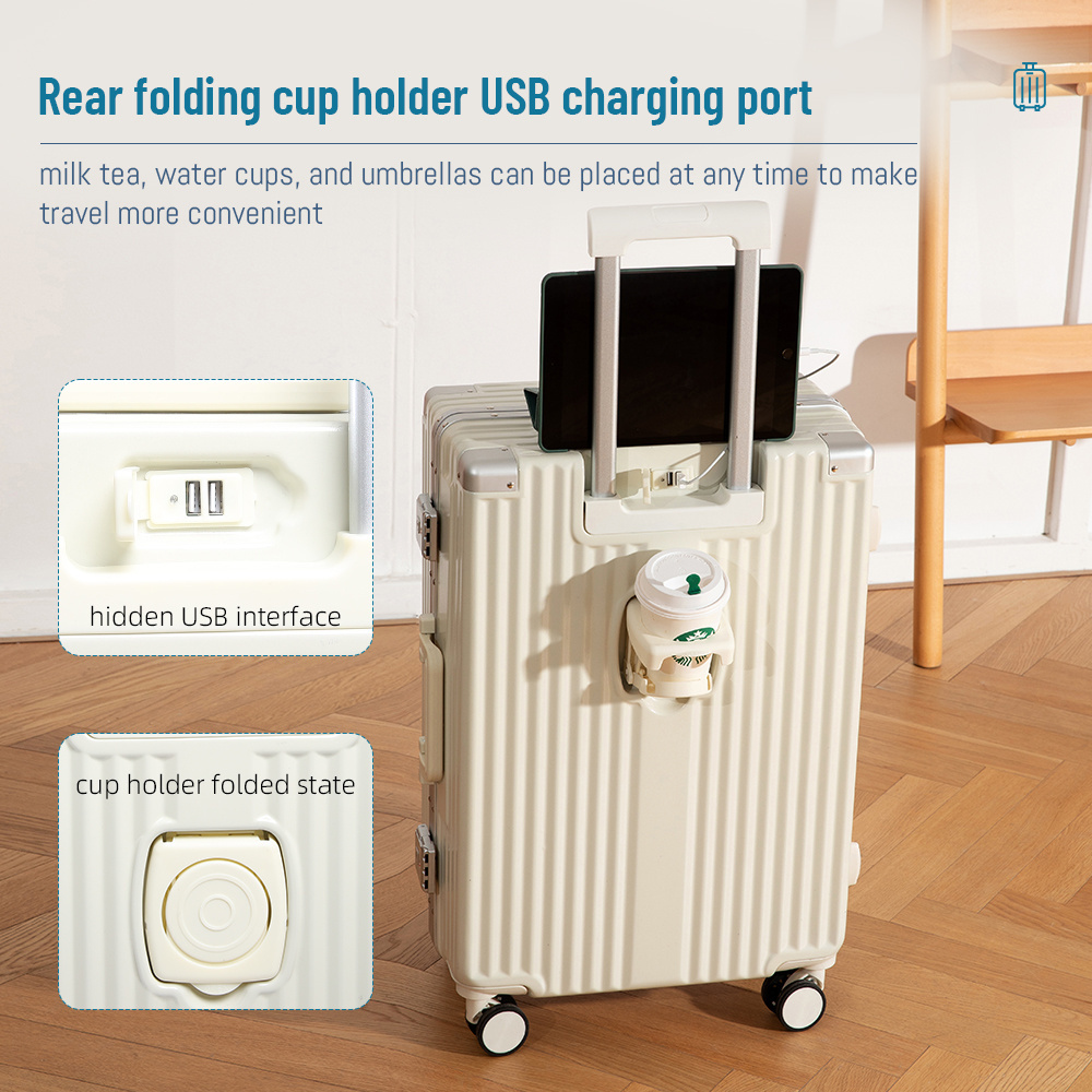 2023 Popular Waterproof Smart Luggage Aluminum Frame Luggage With Usb Charger And Cup Holder