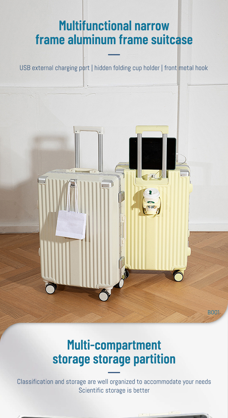 2023 Popular Waterproof Smart Luggage Aluminum Frame Luggage With Usb Charger And Cup Holder