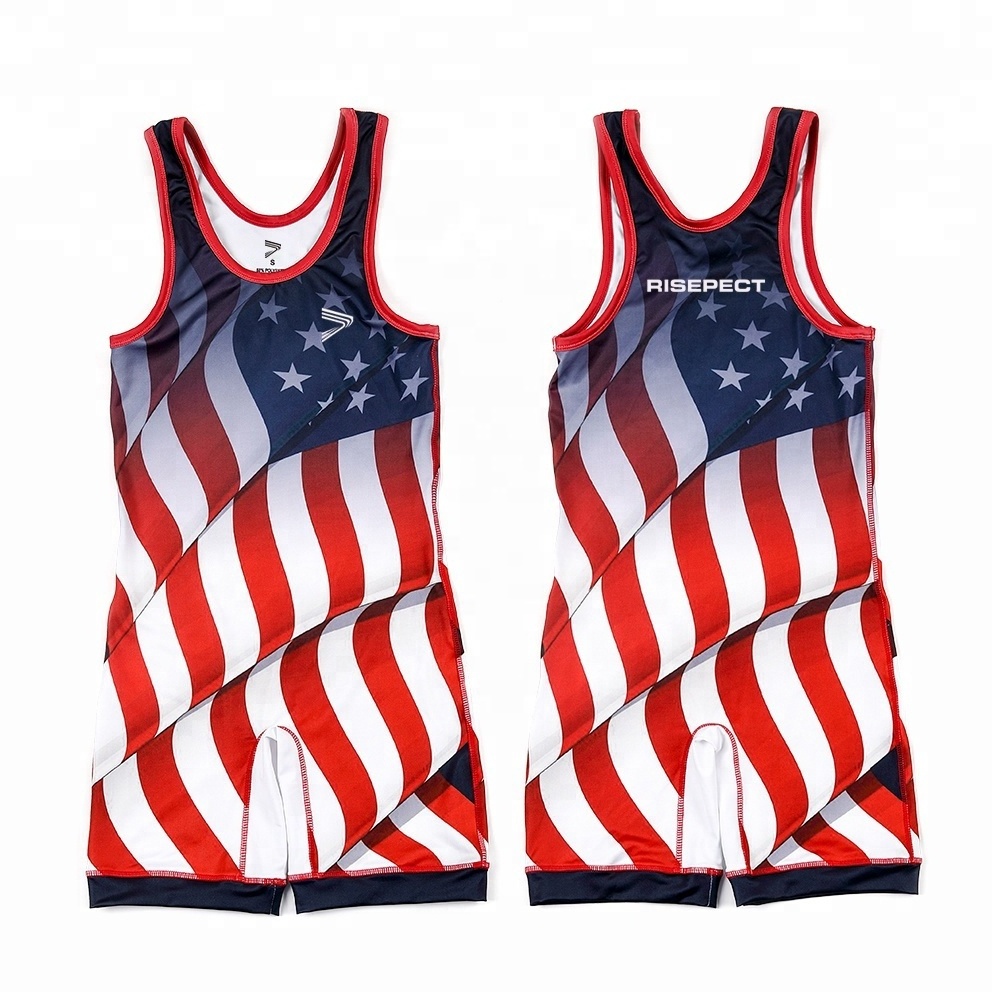 American custom logo aze freestyle polyester weightlifting sublimation printing wrestling singlets