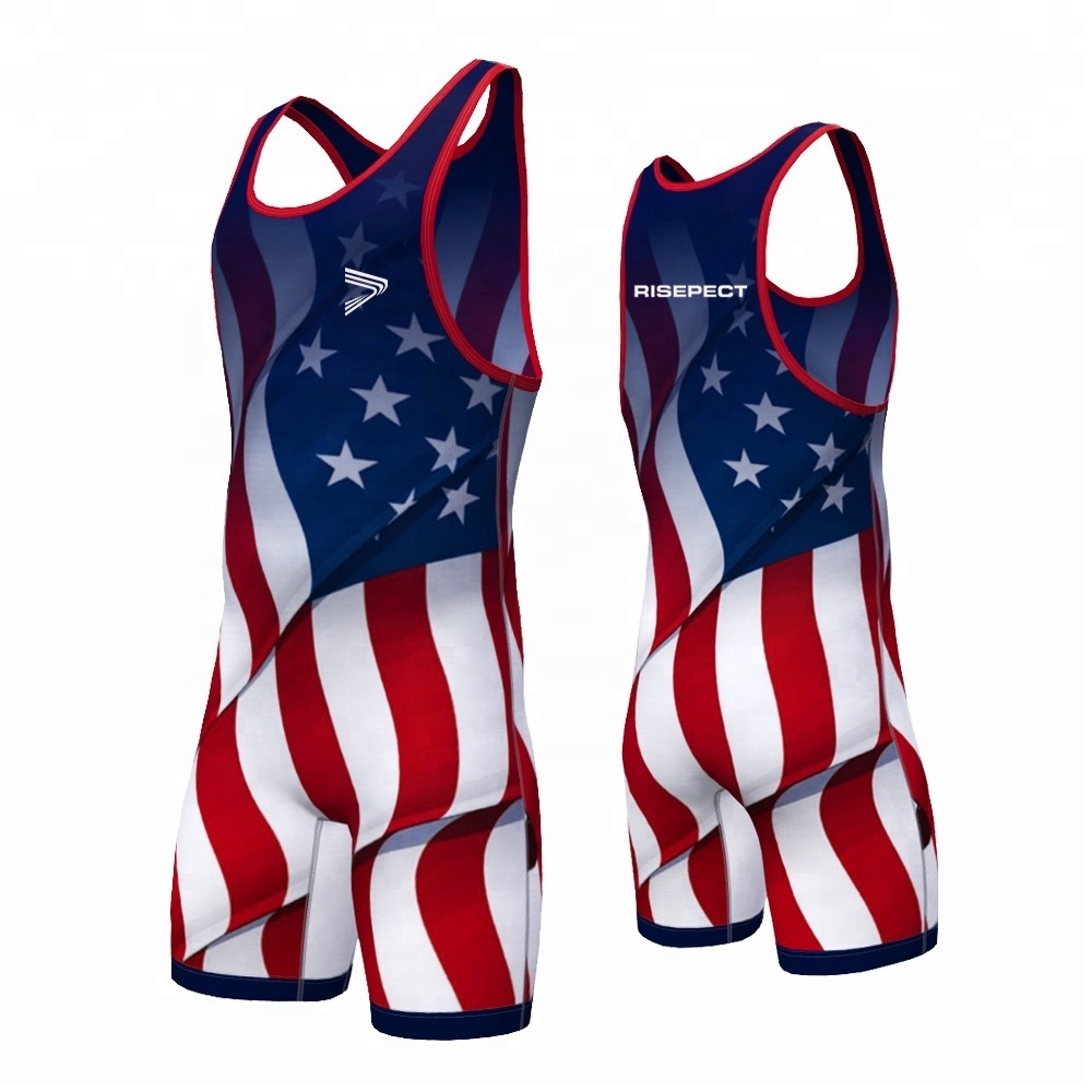 American custom logo aze freestyle polyester weightlifting sublimation printing wrestling singlets