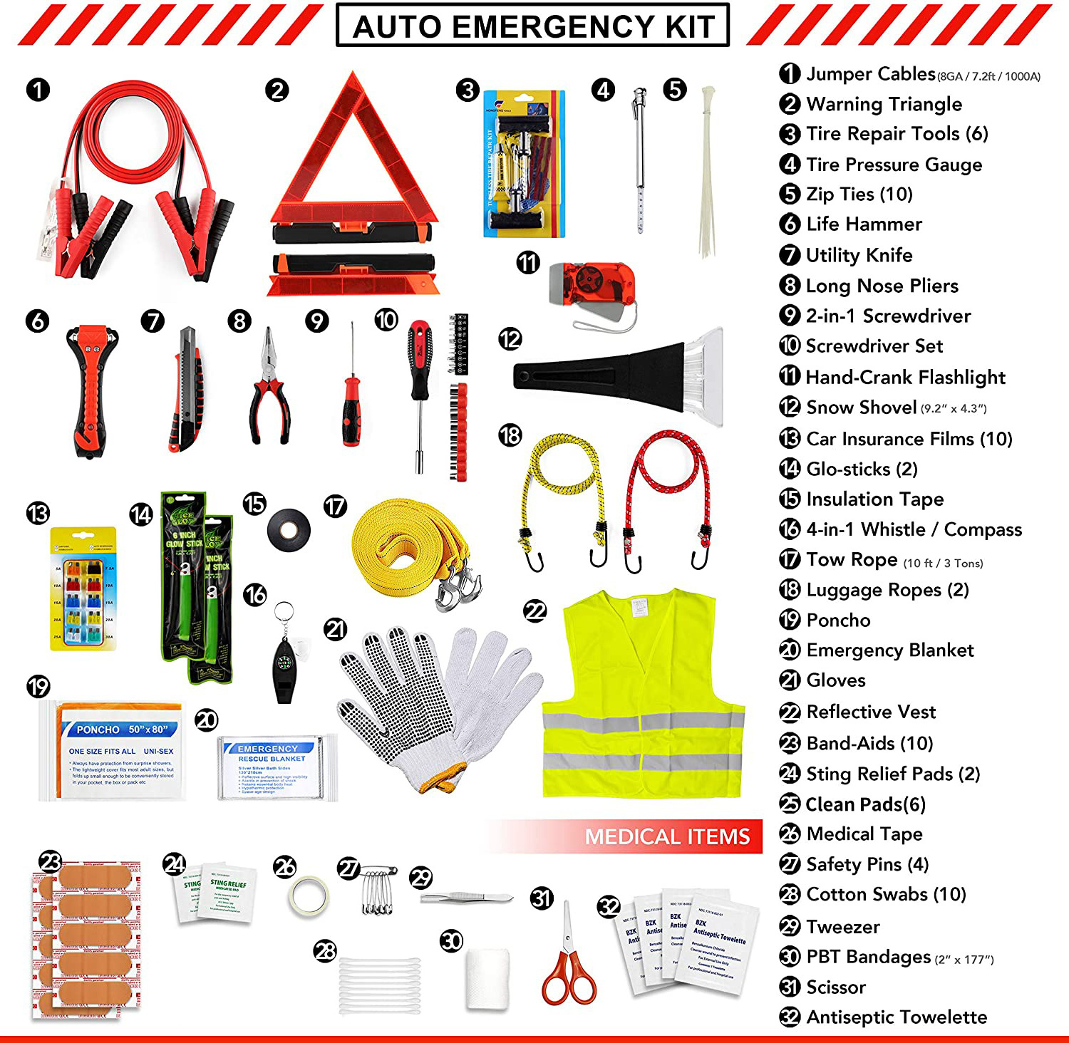 Wholesale Auto Use Safety Car Roadside Emergency Kit Custom Logo With Jumper Cables Traveling Universal Survival Kit