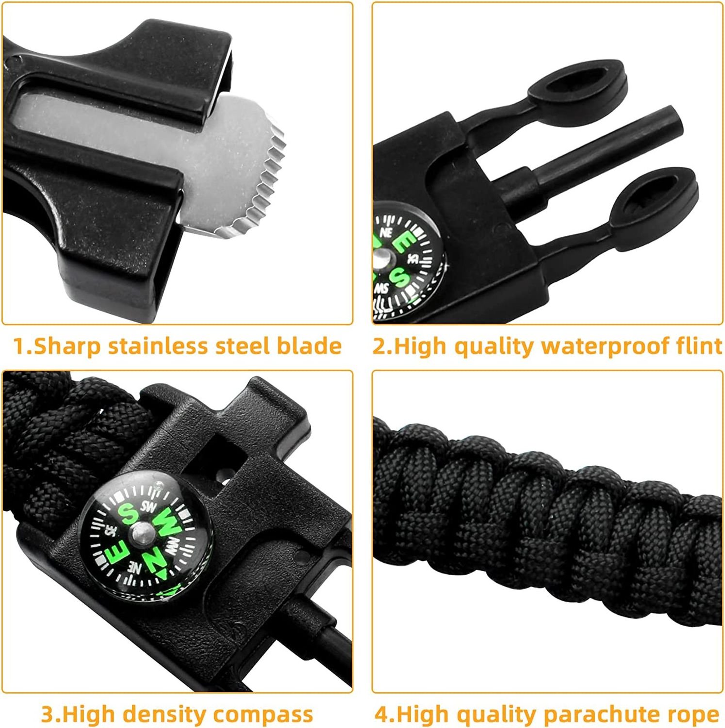 Factory Wholesale Multitool OEM Rope Survival Bracelets with Flint Fire Starter Whistle Compass buckle Kit for hiking camping