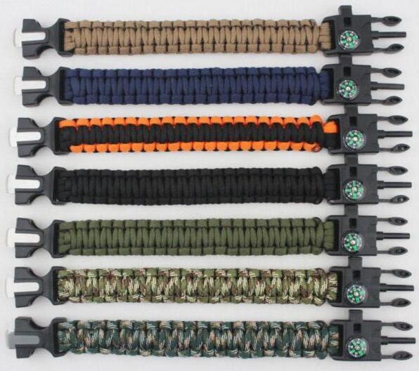 Factory Wholesale Multitool OEM Rope Survival Bracelets with Flint Fire Starter Whistle Compass buckle Kit for hiking camping