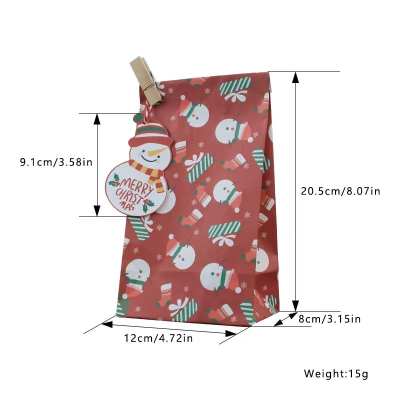 Christmas Candy Favor Gifts Full Color Logo Printed Kraft Paper Bag With Stickers Card and Clip