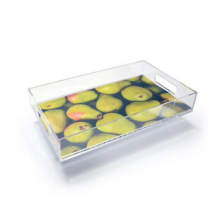 Transparent acrylic tray customized rectangular plastic tray with handle hotel fruit cake tray