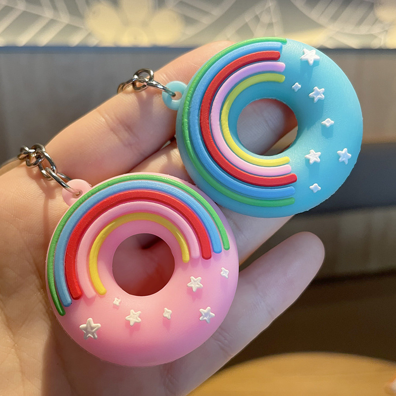 Wholesale Cute Schoolbag Rubber Pendant Cartoon Rainbow Keychain 3D doughnut Soft PVC keychain with Custom Wristband