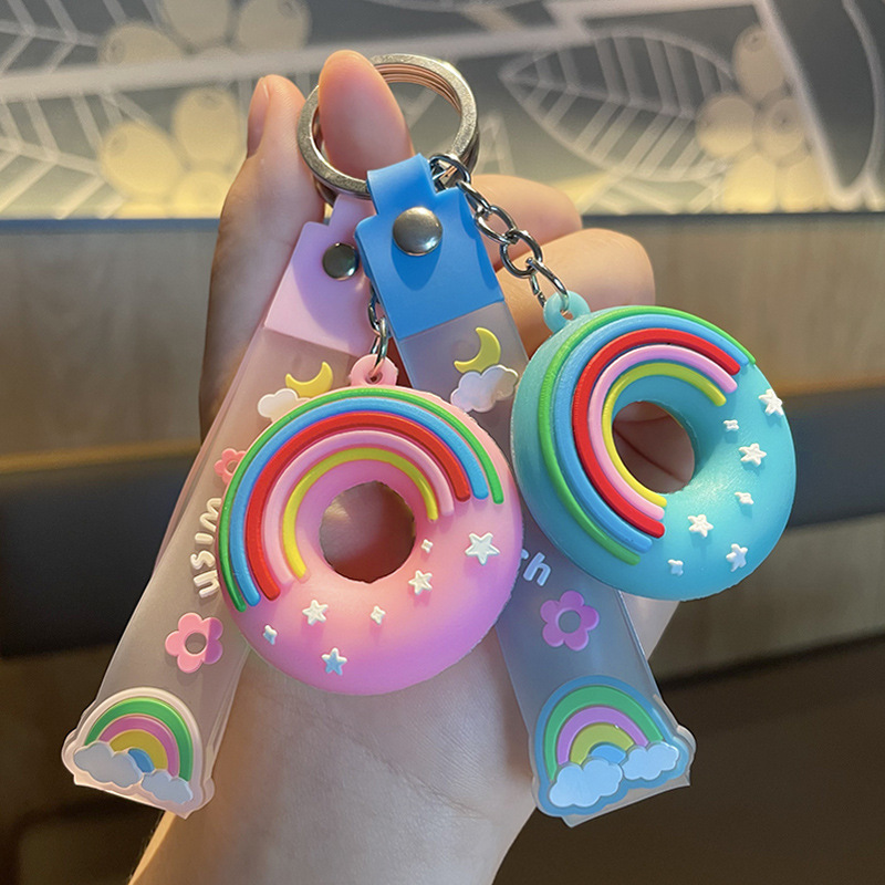 Wholesale Cute Schoolbag Rubber Pendant Cartoon Rainbow Keychain 3D doughnut Soft PVC keychain with Custom Wristband