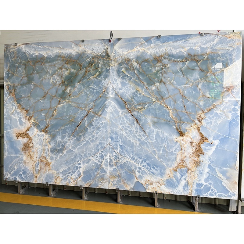 Translucent Blue Onyx Gold Vein Marble Slab Price Background Wall Design Blue Onyx Marble