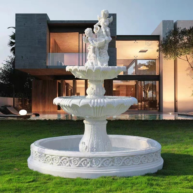 China Large Size White Sandstone Marble Stone Laminar Flow Garden Water Marble Fountain Outdoor