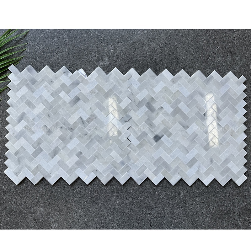 Customized Carrara White Herringbone Peel And Stick Bathroom Kitchen Backsplash Marble Mosaic Wall Tile