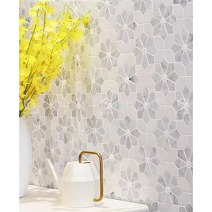 White Carrara Flower Pattern Waterjet Tile Marble Mosaic For Interior Backsplash Wall Floor Decor