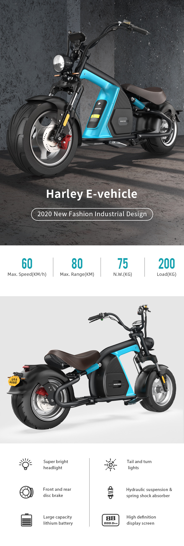 Modern Motorcycle Electric Bicycle Halley 60Km/H Electric Motorcycle Frame 3000W Assist Electric Cruiser Motorcycle