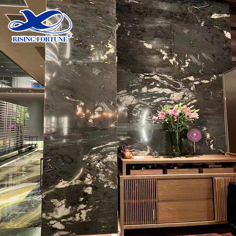 Interior Decoration Luxury Stone  Black Sea Wave Titanium Cosmic Black Granite Slab For Kitchen Island Top and Countertop Prefab