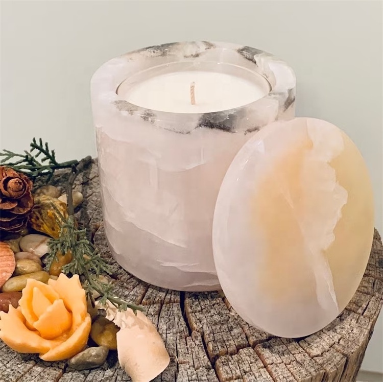 China Factory Wholesale Modern Backlit White Pink Green Onyx Storage Container Marble Candle Vessel Jar With Lid