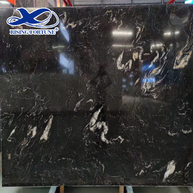 Interior Decoration Luxury Stone  Black Sea Wave Titanium Cosmic Black Granite Slab For Kitchen Island Top and Countertop Prefab