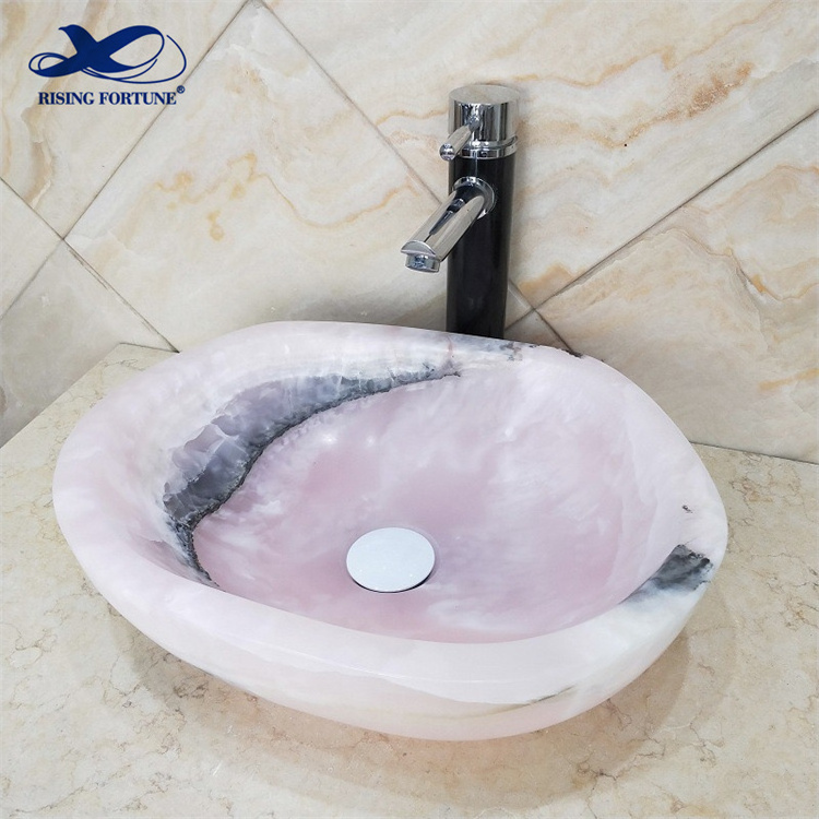 Luxury Pink Onyx Marble Bathroom Vessel Washing Basin Sink Wholesaler Onyx Bowl Sink for Hotel