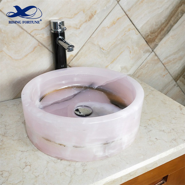 Luxury Pink Onyx Marble Bathroom Vessel Washing Basin Sink Wholesaler Onyx Bowl Sink for Hotel