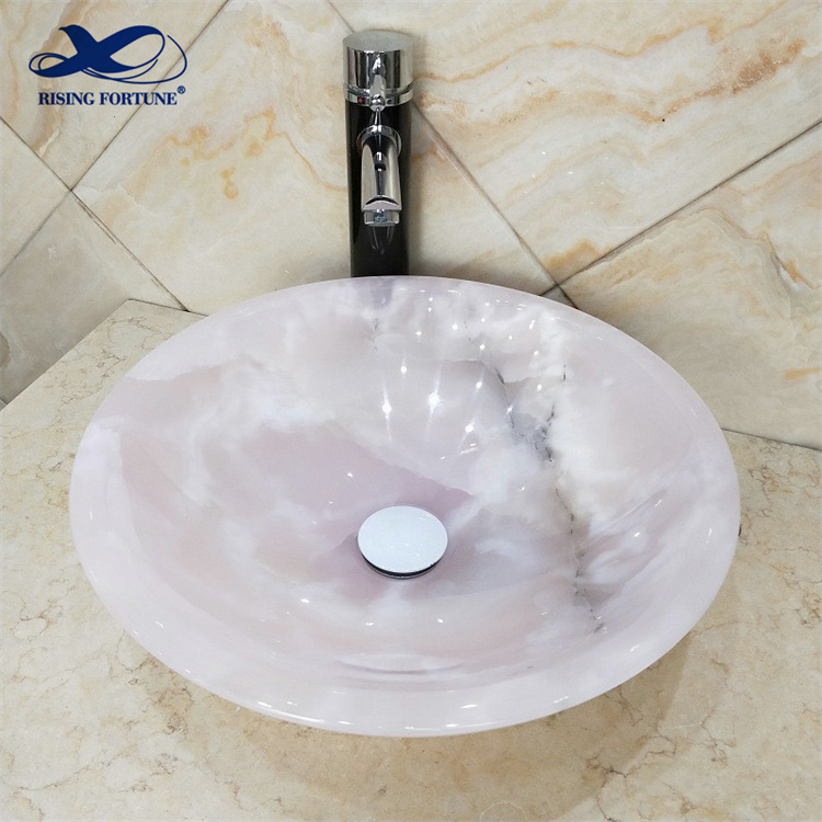 Luxury Pink Onyx Marble Bathroom Vessel Washing Basin Sink Wholesaler Onyx Bowl Sink for Hotel