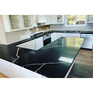 Good price artificial stone black quartz slab kitchen countertop with white veins