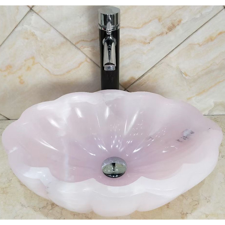 Luxury flower bathroom countertop pink marble onyx vessel stone sink