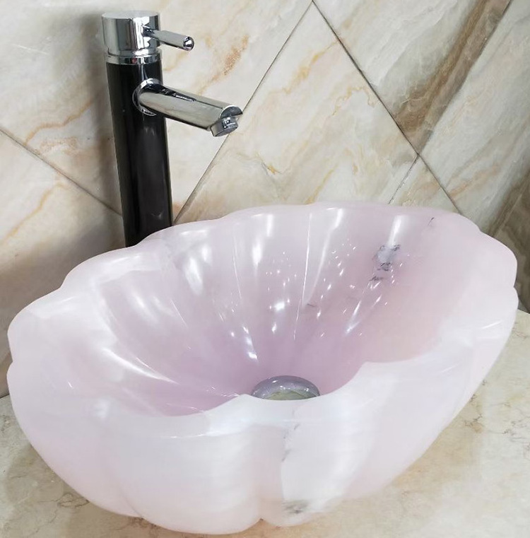 Luxury flower bathroom countertop pink marble onyx vessel stone sink