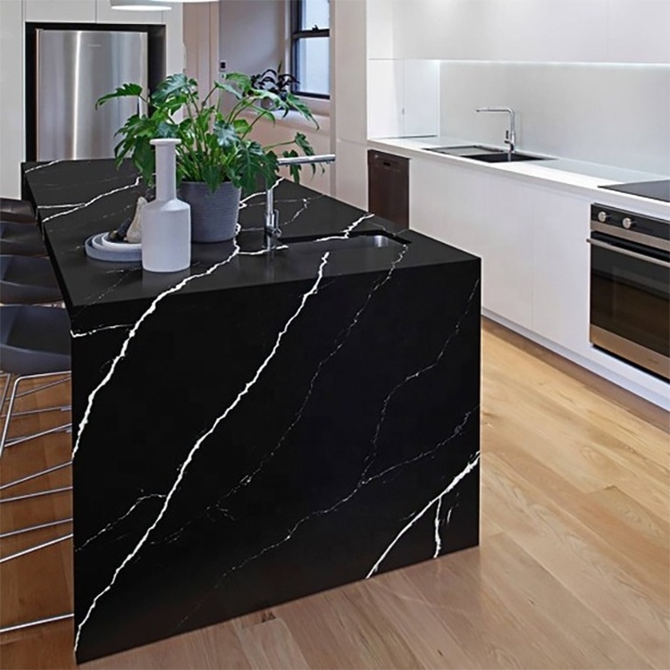 Good price artificial stone black quartz slab kitchen countertop with white veins