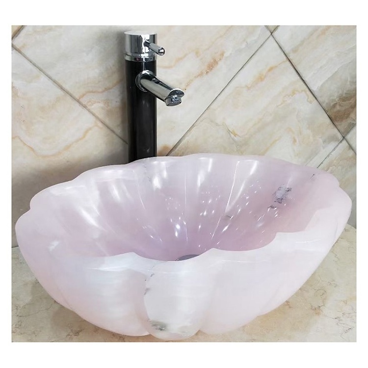 Luxury flower bathroom countertop pink marble onyx vessel stone sink