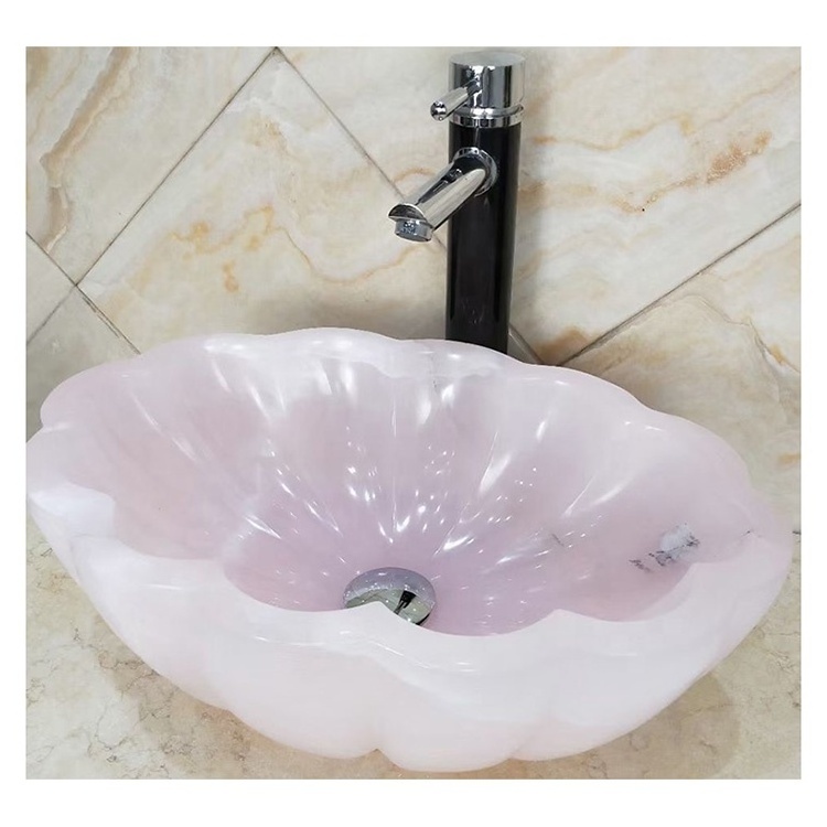 Luxury flower bathroom countertop pink marble onyx vessel stone sink