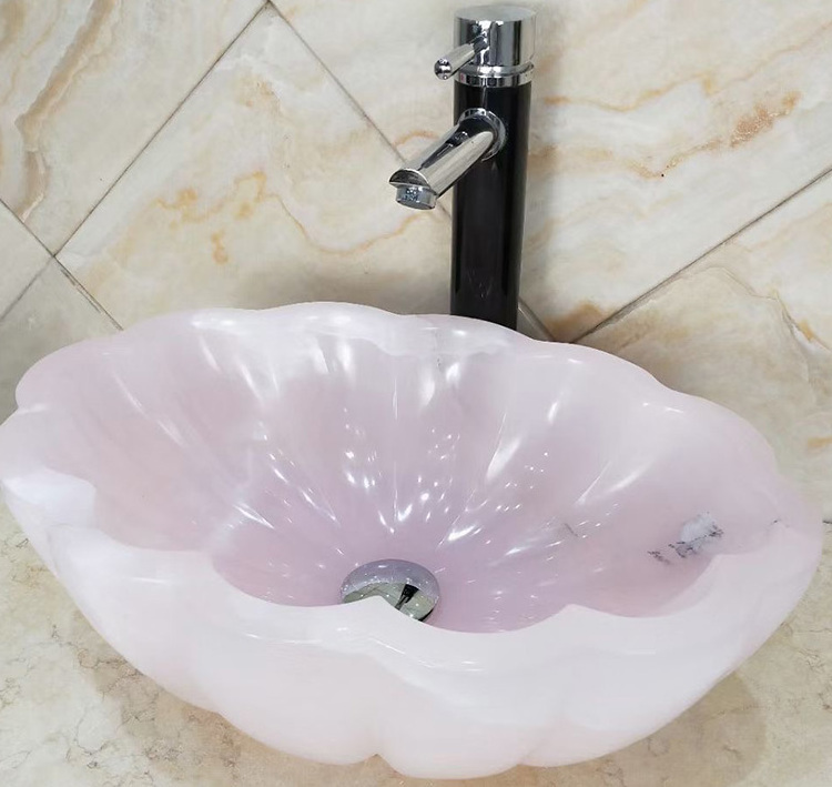 Luxury flower bathroom countertop pink marble onyx vessel stone sink