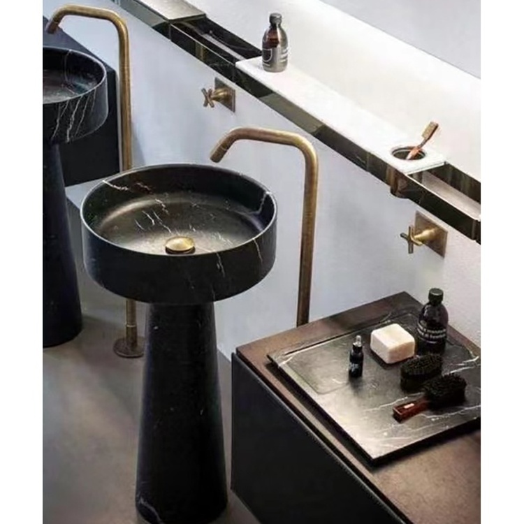 One piece wash basin bathroom stone black marquina marble full freestanding sink and pedestal