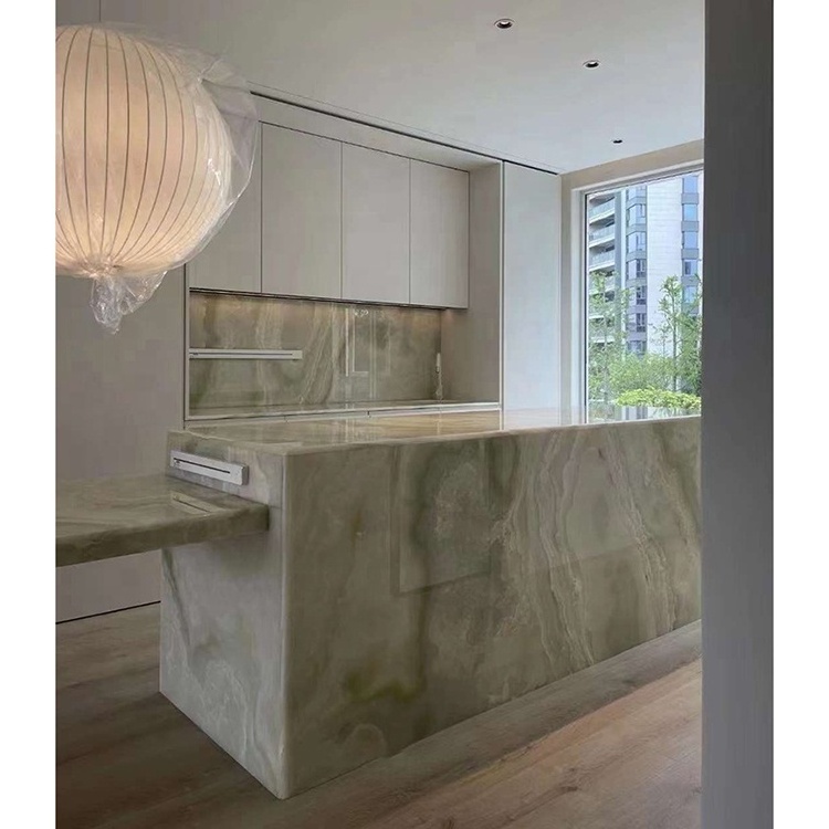 Transparent light green onyx marble slabs for kitchen island benchtop