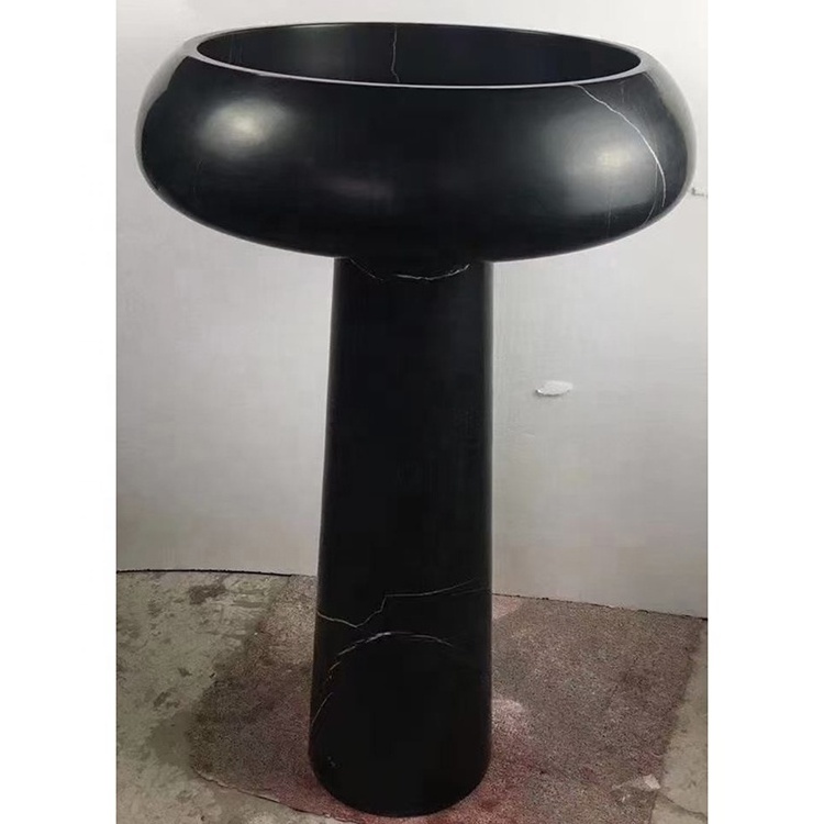 One piece wash basin bathroom stone black marquina marble full freestanding sink and pedestal