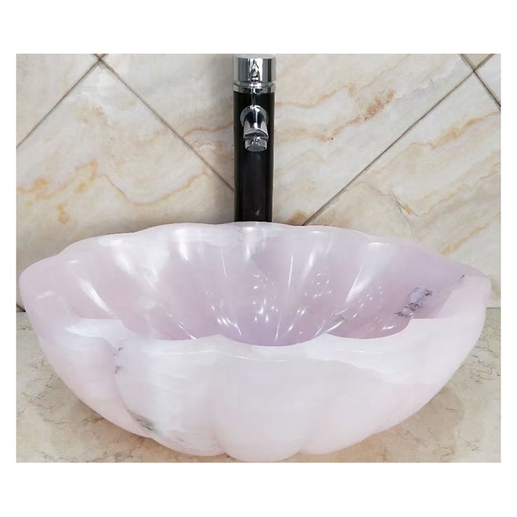 Luxury flower bathroom countertop pink marble onyx vessel stone sink