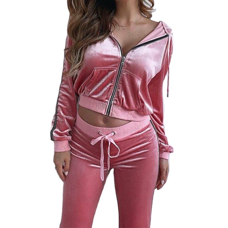 Slim fit velvet pink ladies custom tracksuit sweat suit