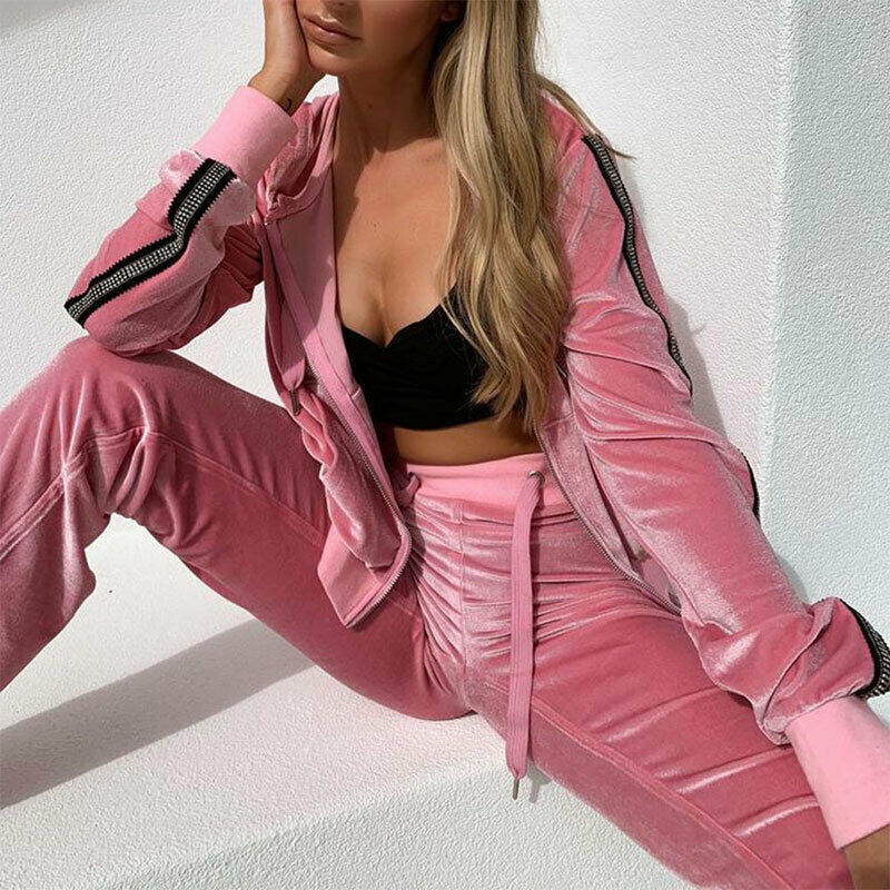 Slim fit velvet pink ladies custom tracksuit sweat suit