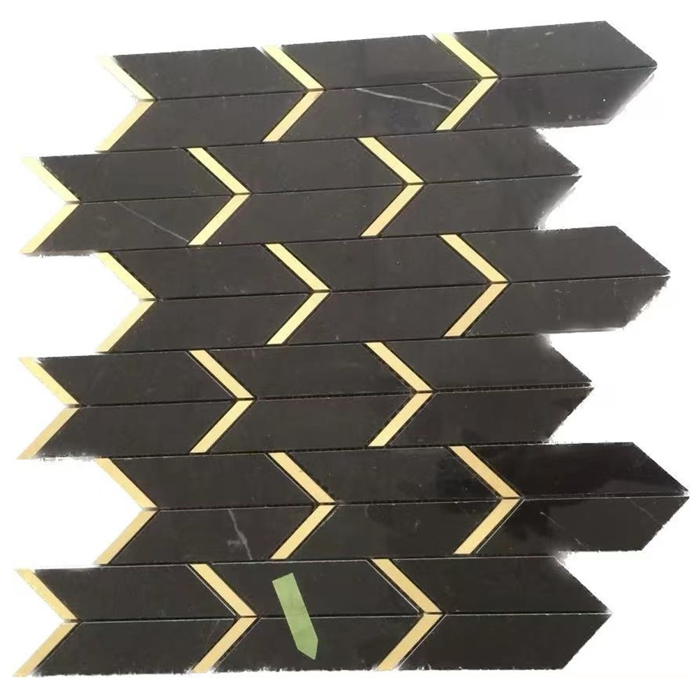 Luxury hotel black gold triangle stone kitchen bathroom wall mosaic tile backsplash with copper metal marble mosaic tile