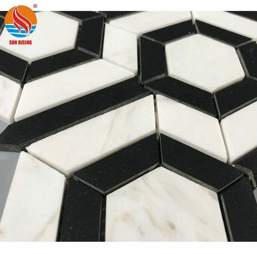 Hexagon Black and White Marble Mosaic Floor Tile