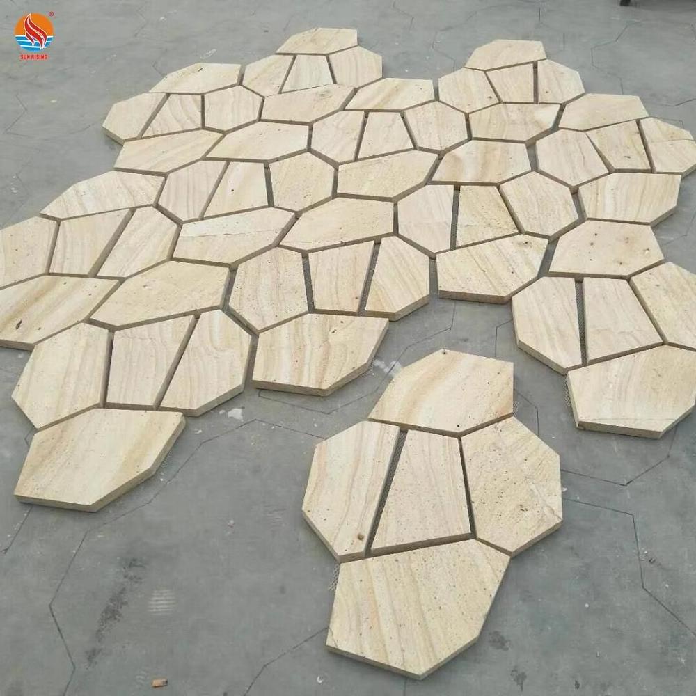 Yellow Wooden Sandstone Pavers On Mesh Sandstone Flagstone Mats Crazy Mesh Paving