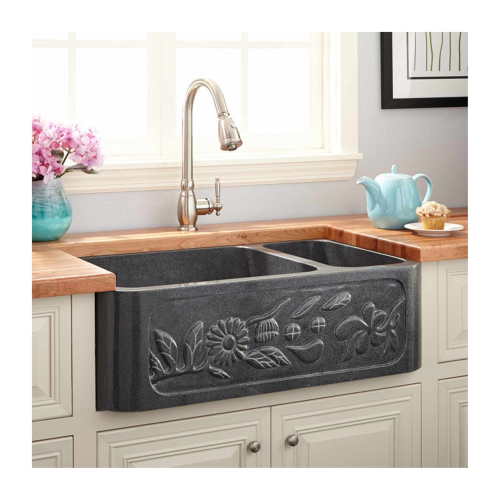 Cheap Farm Kitchen sink Black Granite Carved Flower Vegetable Washing bowl lavatory sinks rectangular double basin