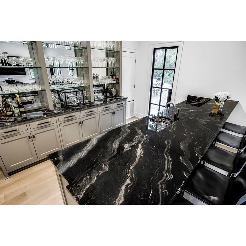 Indoor Decorating  Natural Stone Black Marble Book Match Black Forest Marble Slab  Countertop