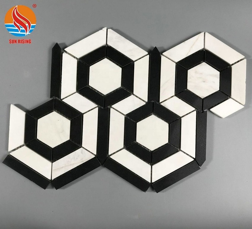 Hexagon Black and White Marble Mosaic Floor Tile