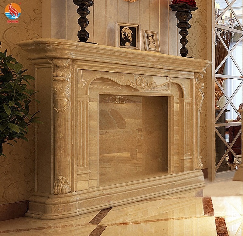 Factory Directly Hand Caving Natural Beige Marble Surround Stone Fireplace