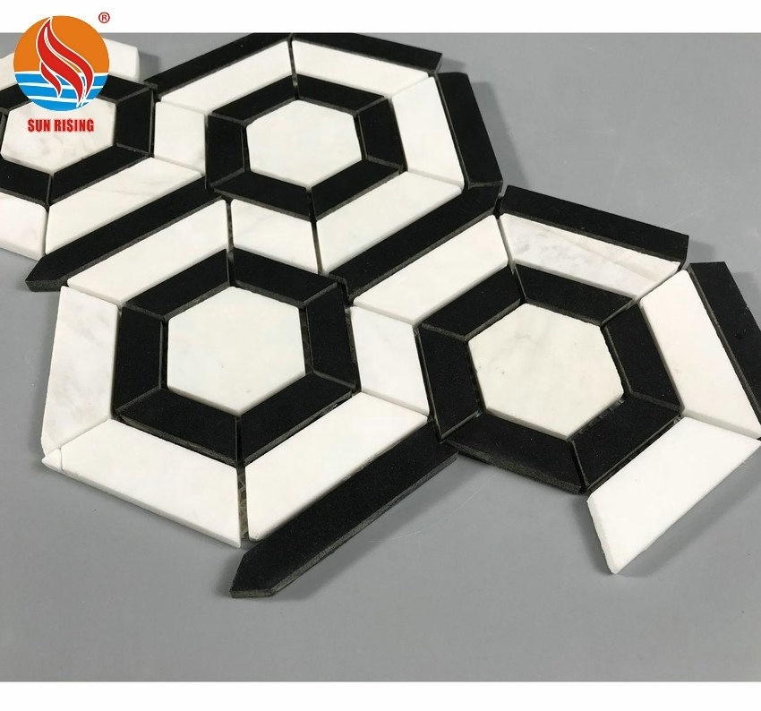 Hexagon Black and White Marble Mosaic Floor Tile