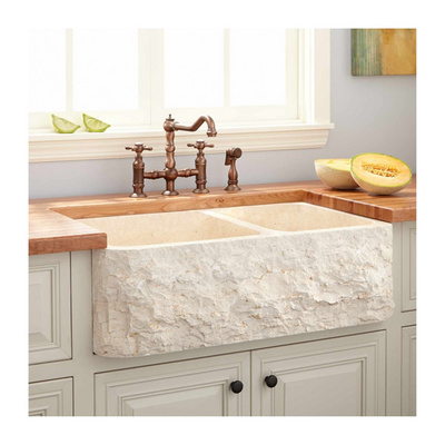 Direct Supply 36" Double Bowl Farmhouse Sink Polished Cream Egyptian Marble Washing Sink Wash Basin