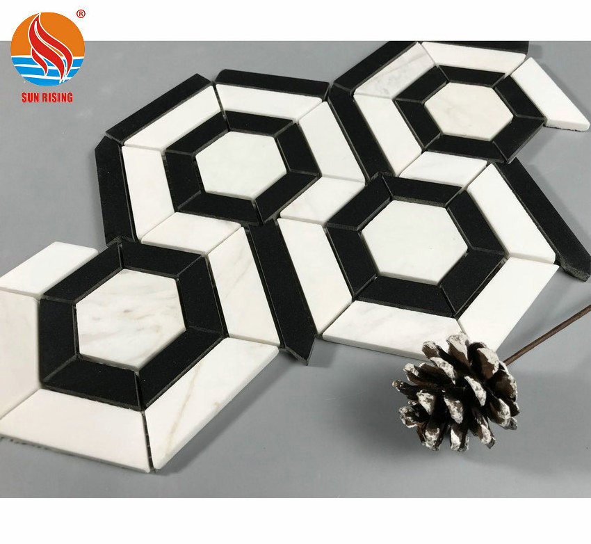 Hexagon Black and White Marble Mosaic Floor Tile