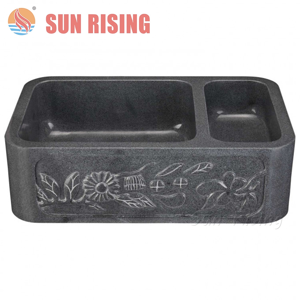 Cheap Farm Kitchen sink Black Granite Carved Flower Vegetable Washing bowl lavatory sinks rectangular double basin