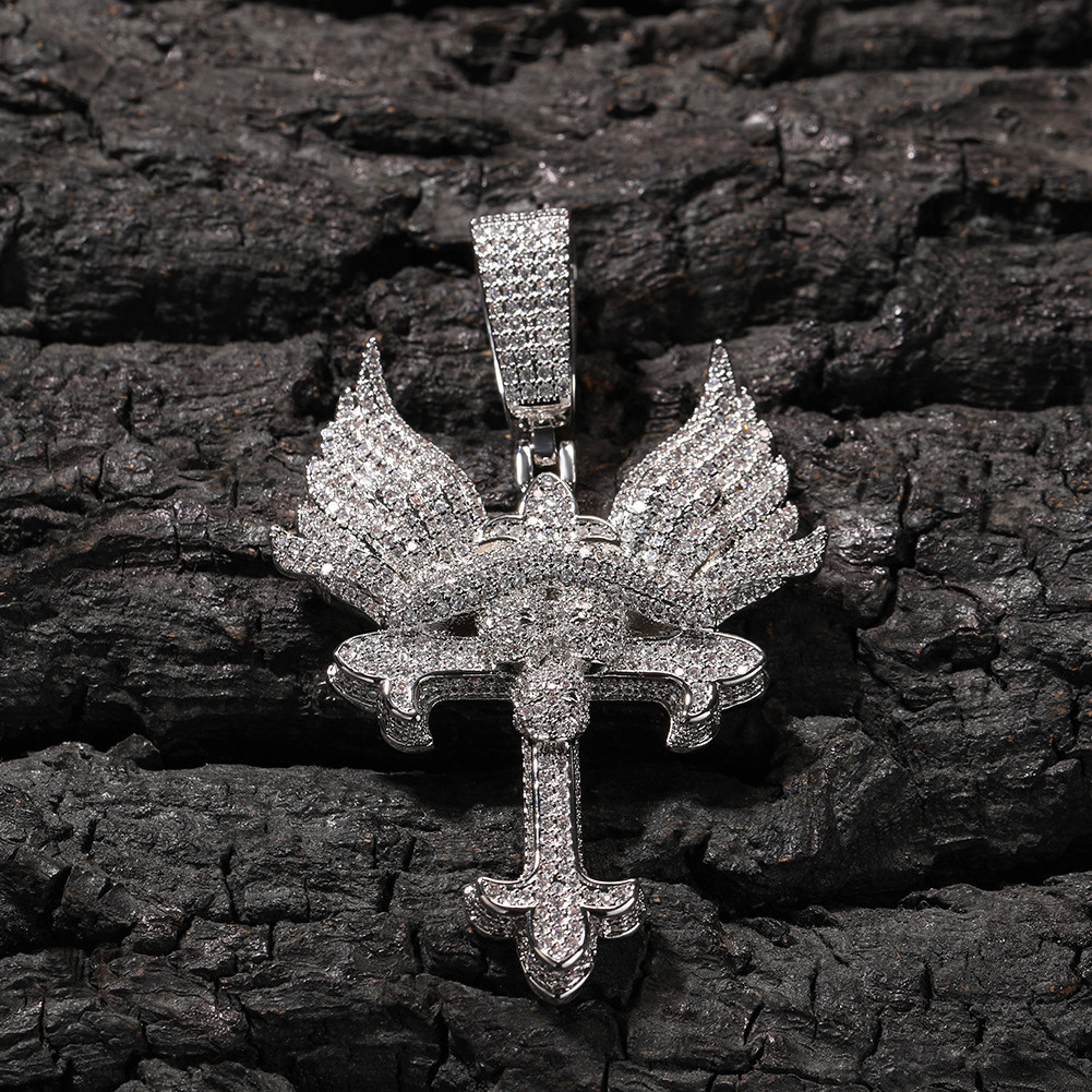 Hiphop Rapper Jewelry Born 2 Chaos Pendant Iced Out Cz Diamond Skull Celtic Cross Pendant Necklace with Angel Wing Necklace