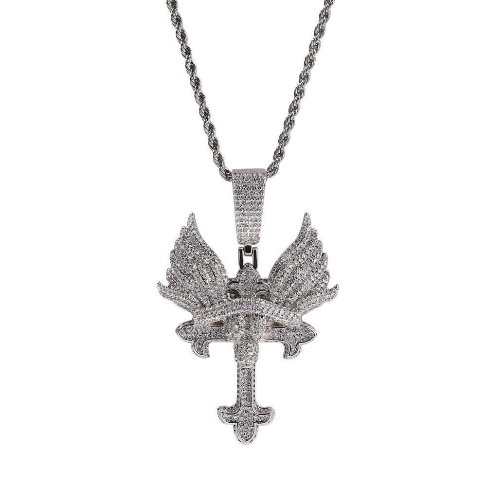 Hiphop Rapper Jewelry Born 2 Chaos Pendant Iced Out Cz Diamond Skull Celtic Cross Pendant Necklace with Angel Wing Necklace