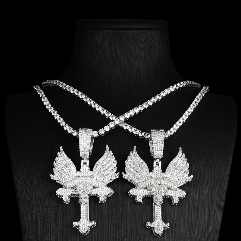 Hiphop Rapper Jewelry Born 2 Chaos Pendant Iced Out Cz Diamond Skull Celtic Cross Pendant Necklace with Angel Wing Necklace